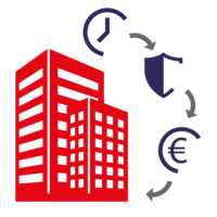 Grafik: Gebäude mit Icons für Schutz, Kosten und Zeit