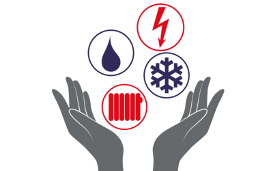 Grafik: Eine Hand mit Icons der Gewerke Elektro, Sanitär, Kälte und Heizung