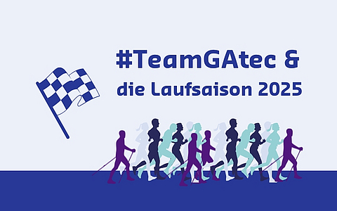 Auf dem Bild sind illustrierte Läufer*innen sowie eine Fahne zu sehen. Zudem der Schriftzug: #TeamGAtec & die Laufsaison 2025